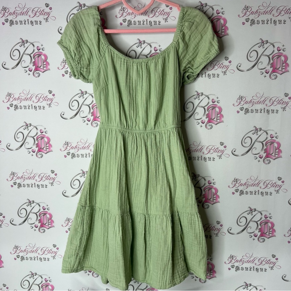 Jessica Simpson dress tie up ribbon back tiered flowy  Green Cotton Apparel